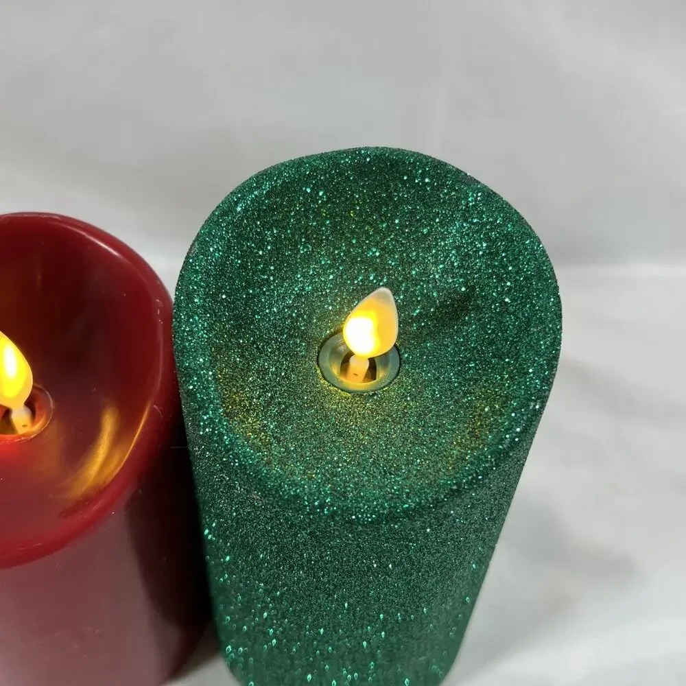 Lot of 3 Luminara Candles Christmas Gold Green Glitter Red Remote 4-10hr Timer